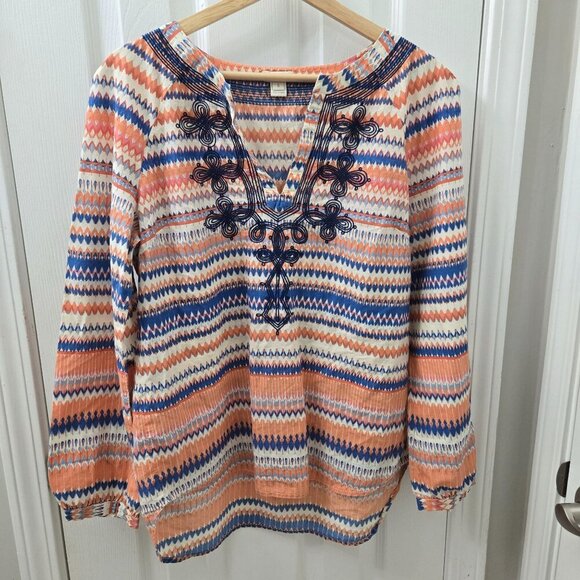 J. Crew Popover Blouse Womens Small Orange Blue Embroidered Chevron Stripes - Picture 1 of 9